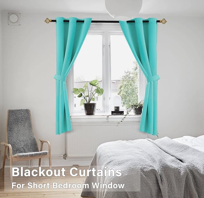 KOUFALL Turquoise Curtains for Kitchen Window Bathroom Blackout 45 Inch Length 2 Panels Set Light Teal Room Decor Short Curtains for Small Windows