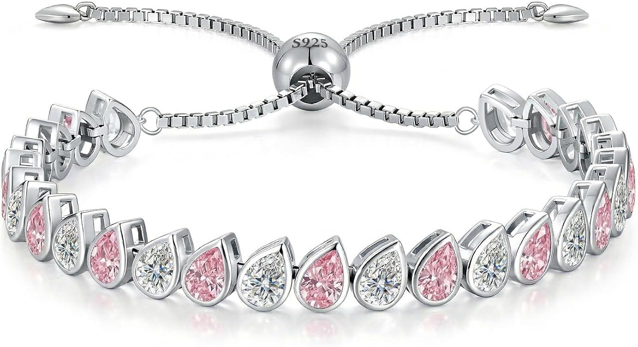 Birthstone Tennis Bracelet for Women 925 Sterling Silver Pear Shaped Gemstone Inlaid White Gold Plated Adjustable Chain Gifts for Mom Wife