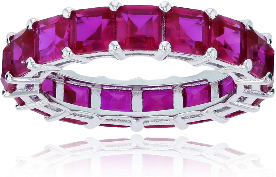 Sterling Silver Rhodium Polished 4mm Multi Color Asscher Princess Cut Cubic Zirconia Eternity Band for Women | AAA Cubic Zirconia Gemstone Engagement Wedding Band Ring | Sizes 5-10