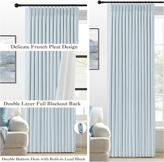 IVAPUPU Blue Pinch Pleated Full Blackout Linen Curtains for Bedroom, Black Out Curtains 90 Inches Long for Living Room Darkening Thermal Insulated Neutral Pleat Drapes with 16 Hooks, 2 Panels