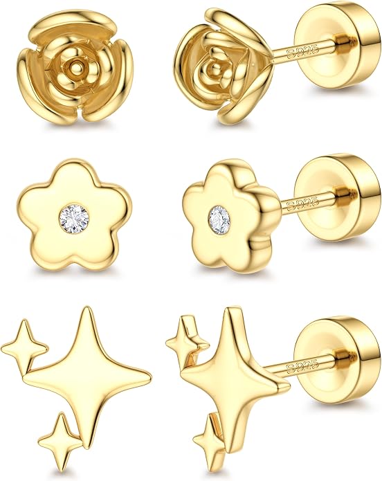 ORAZIO 925 Sterling Silver Flat Back Stud Earrings for Women Hypoallergenic 14K Gold Plated Cartilage Earrings for Sensitive Ears Small CZ Opal Conch Helix Tragus Piercing Jewelry 3 Pairs 20G