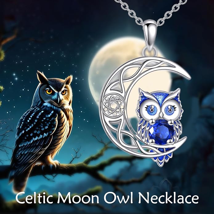 Owl Birthstone Necklace Sterling Silver Celtic Moon Pendant Cubic Zirconia Owls Jewelry Birthday Gifts for Women Men