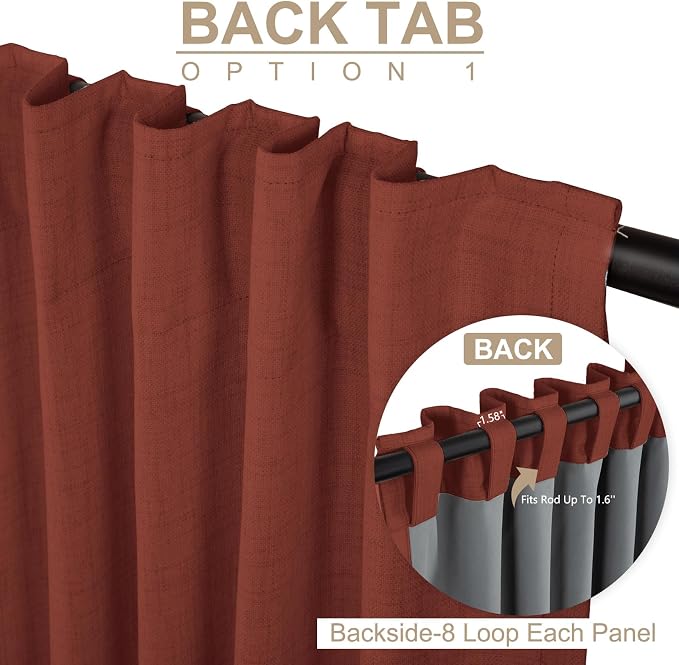 100% Blackout Shield Linen Blackout Curtains for Bedroom 96 Inches Long, Back Tab/Rod Pocket Living Room Drapes, Thermal Insulated Blackout Curtains 2 Panels Set, 50" W x 96" L, Terracotta