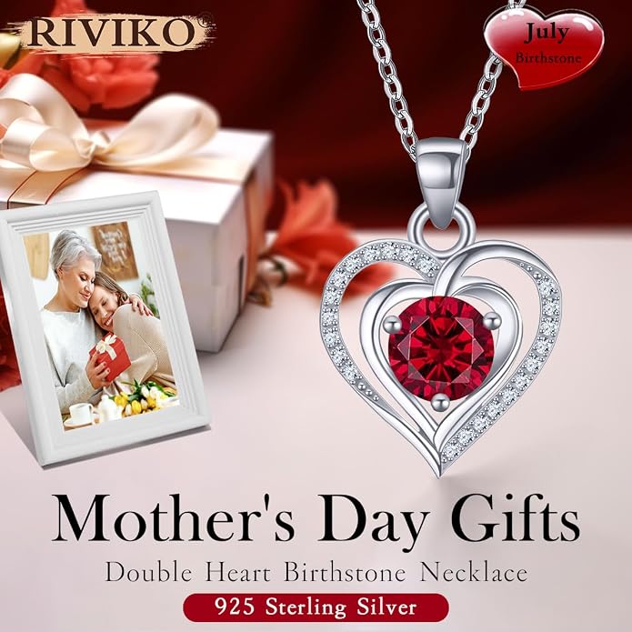 RIVIKO Heart Birthstone Pendant Necklace for Women 925 Sterling Silver Zirconia Necklaces Valentine's Day Anniversary Birthday Mothers Day Jewelry Gifts For Her Mother Wife