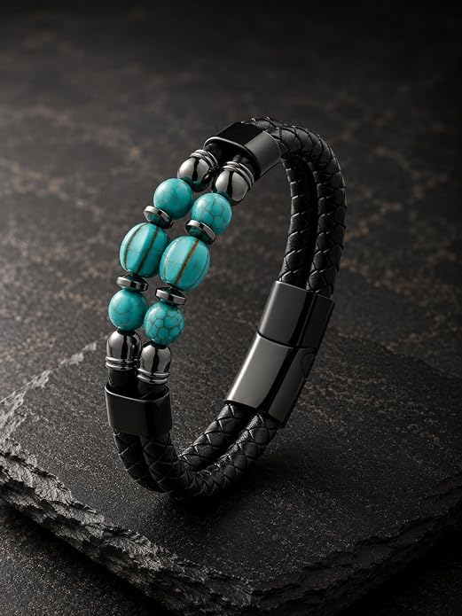 Black Braided Leather Bracelet for Men with Turquoise, Lapis Lazuli, Tiger Eye, Obsidian Stone Double-Row Wristband Beads with Stainless Steel Clasp Fashion Jewelry Gift for Him