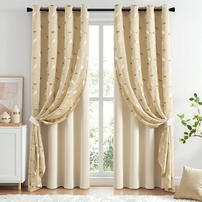 MIULEE Beige Double Layer Curtains 84 Inches Long, Leaf Patterned Sheer Floral Drapes and Blackout Room Darkening Window Curtains for Living Room Bedroom, Grommets Top, 52" W x 84" L, 2 Panels
