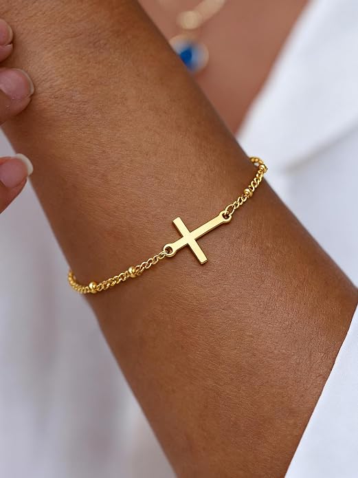Charm Bracelet for Women Gold Trendy Non Tarnish Sideways 14K Gold Plated Simple Dainty Chain Jewelry Gift