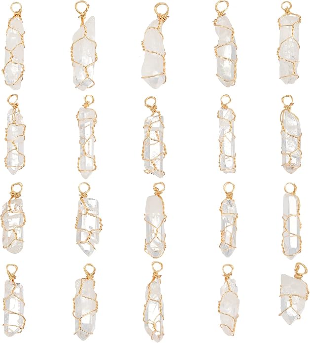 FINGERINSPIRE 20 Pcs Natural Quartz Crystal Pendant Gold Plated Wire Wrapped Quartz Clear Crystal Gemstone Pendant without Chain Irregularly Stones Pendant for Necklaces Earrings Jewelry Making