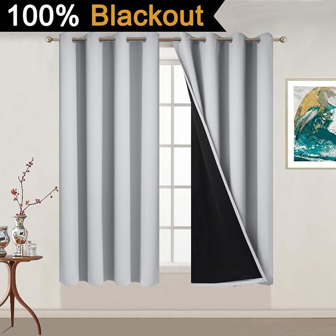 Yakamok Light Grey 100% Blackout Curtains 54 Inches Long 52" Wide 2 Panel | Blackout Curtain Panels for Bedroom, 2 Thick Layers Grommet Top Thermal Insulated Drapes with Black Liner for Living Room