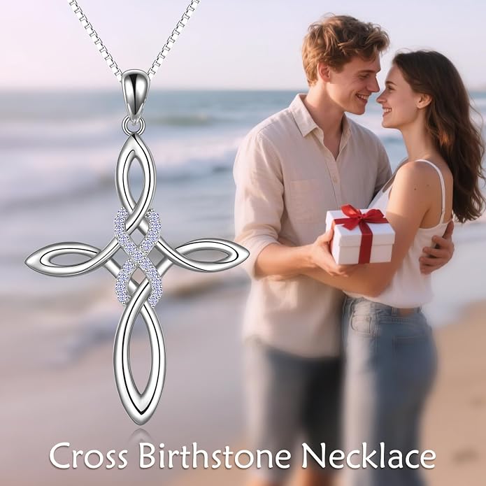 LUHE Celtic Knot Cross Necklace Sterling Silver Birthstone Polished Religious Infinity Celtics Jewelry Gifts for Women