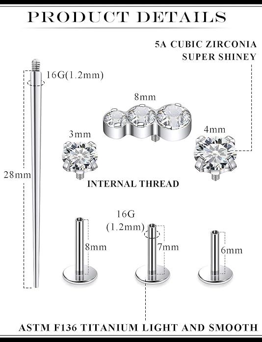 20G 18G 16G Astm F136 Titanium Internal Thread Flat Back Earrings Nose Studs Tragus Forward Helix Conch Cartilage Lobe Earring Stud Medusa Labret Monroe Lip Ring Piercing Jewelry For Women Men