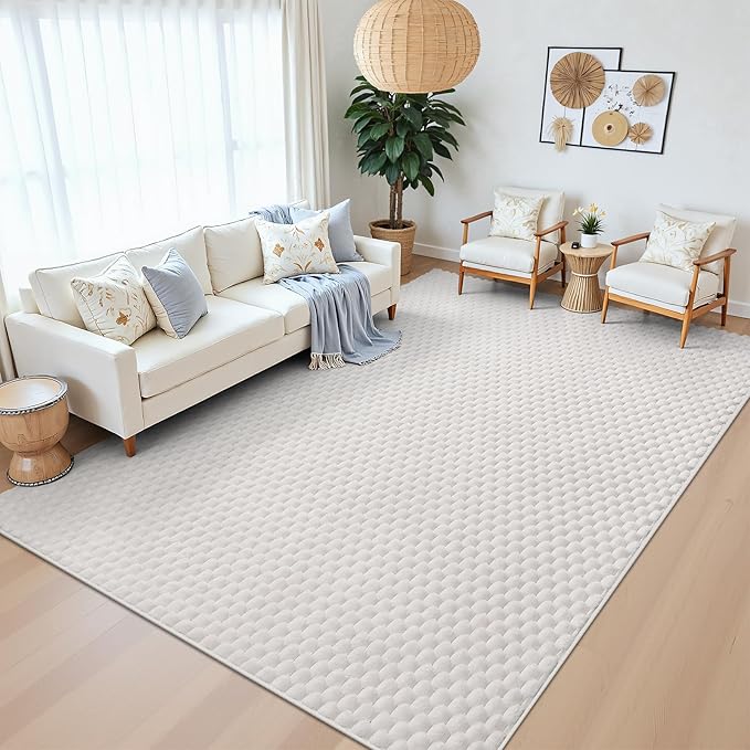 Vaukki 6x9 Area Rug for Living Room, Non Slip Washable 3D Bubble Living Room Rug, High Low Pile Hexagon Floor Mat for Bedroom, Modern Soft Fluffy Carpet for Dining Room, Office and Nursery, White