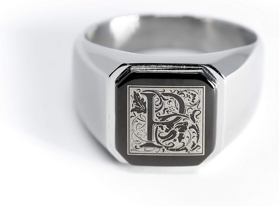 Jewelry | Stainless Steel Letter Alphabet Initial Ring | Square Flat Top Ring for Men & Women | Stainless Steel Jewelry, (Black, Gold, Silver), Size 7-16