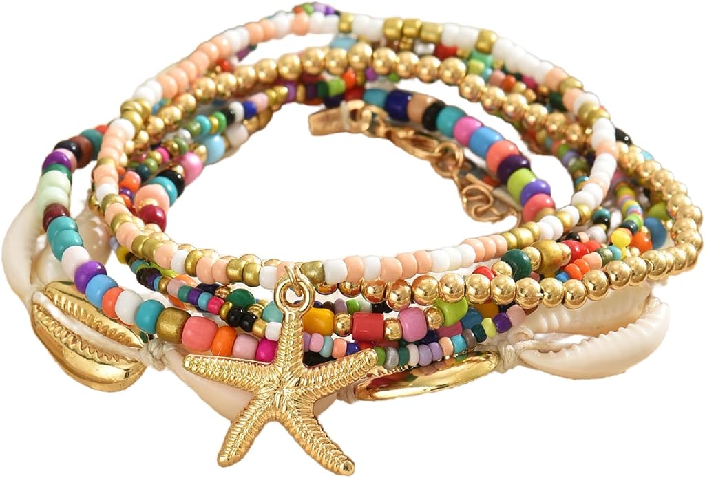 Summer Beach Ankle Bracelets for Women Boho Multilayer Shell Starfish Anklets Bracelets Surfer Heishi Stack Stretch Bracelets Jewelry