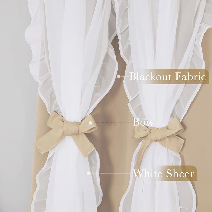 PONY DANCE Girls Curtains for Bedroom Decorative Drapes for Kids Double Layer Curtain Ruffle Sheer Overlay Room Darkening Pretty Chic Princess, 52x84 inch, Biscotti Beige, 2 PCs