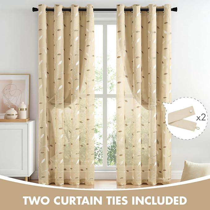 MIULEE Beige Double Layer Curtains 84 Inches Long, Leaf Patterned Sheer Floral Drapes and Blackout Room Darkening Window Curtains for Living Room Bedroom, Grommets Top, 52" W x 84" L, 2 Panels