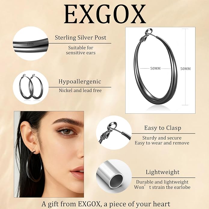 EXGOX Sterling Silver Hoop Earrings - Hypoallergenic, Lightweight, Chunky, 14K Real Gold Plated, Big Large Hoops for Women