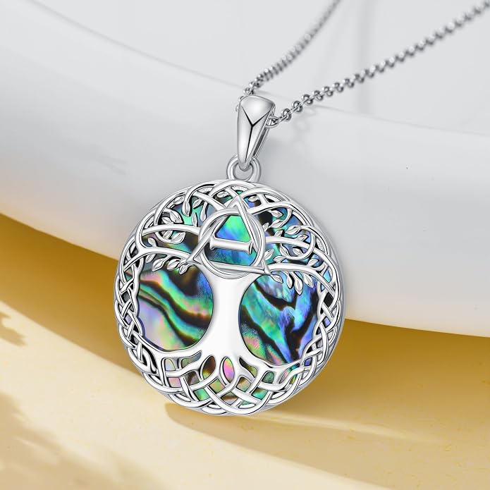 Tree of Life Necklace 925 Sterling Silver Abalone Shell Celtic Knot Tree Pendant Necklace Jewelry Gifts for Women Birthday Christmas