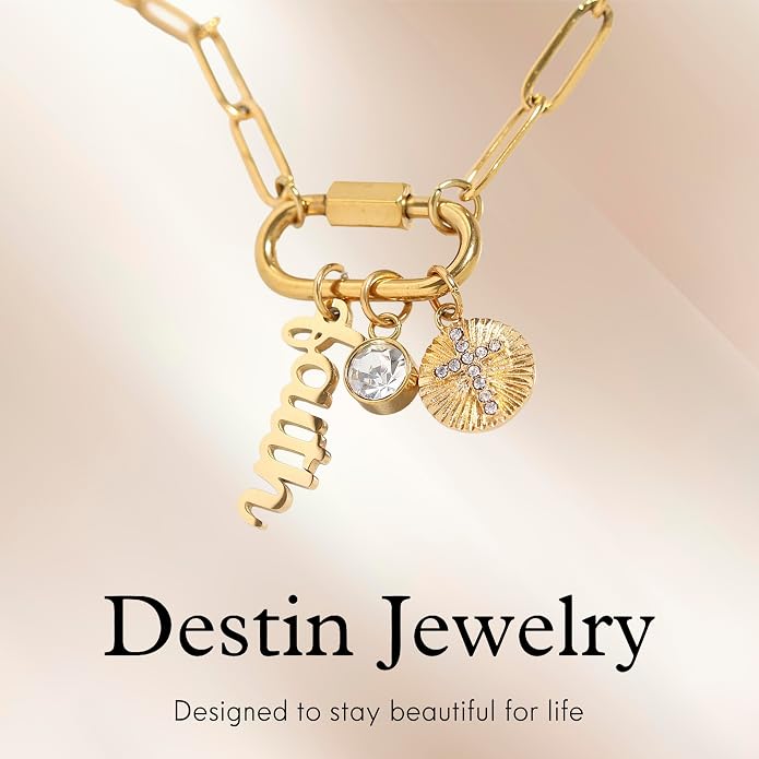 Destin Jewelry 18K Gold PVD Faith Charm Necklace for Women, Chunky Paperclip Chain with Carabiner Charm Keeper and Message, Stainless Steel Necklace 18"+2"