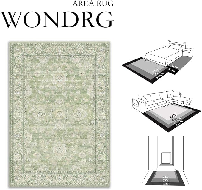 2x3 Green Washable Area Rug for Entryway Neutral Floral Soft Non Slip Small Carpet Low Pile Distressed Door Mat for Entrance Bathroom Bedroom Indoor