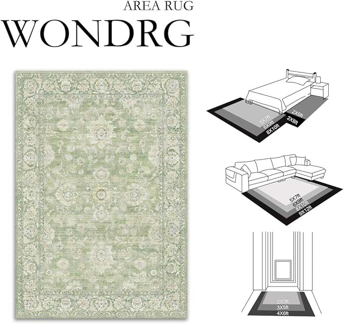 5x7 Green Washable Area Rug for Living Room Bedroom Neutral Floral Soft Non Slip Rug Low Pile Distressed Carpet for Dining Room Nursery Office Indoor