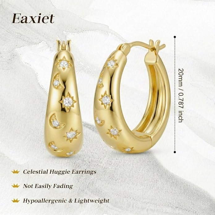 Gold Moon Star Earrings 14K Gold Earrings for Women 20mm Chunky Celestial Huggie Hoop Earrings Jewelry Gift for Girlfriend Mom