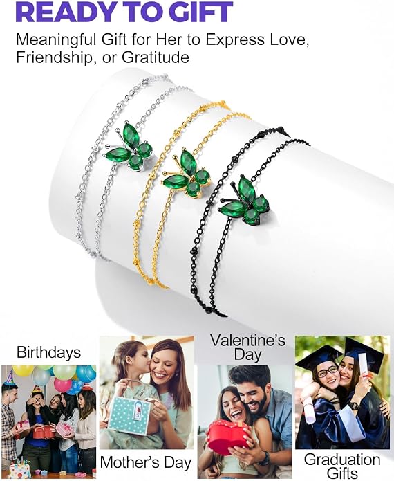 Richsteel Double Layer Heart/Butterfly Birthstone Anklet for Women Non Tarnish Waterproof, Silver/Gold/Black Stainless Steel 8.5-10.5 Inch Adjustable Chain Anklets Jewelry Gifts for Her