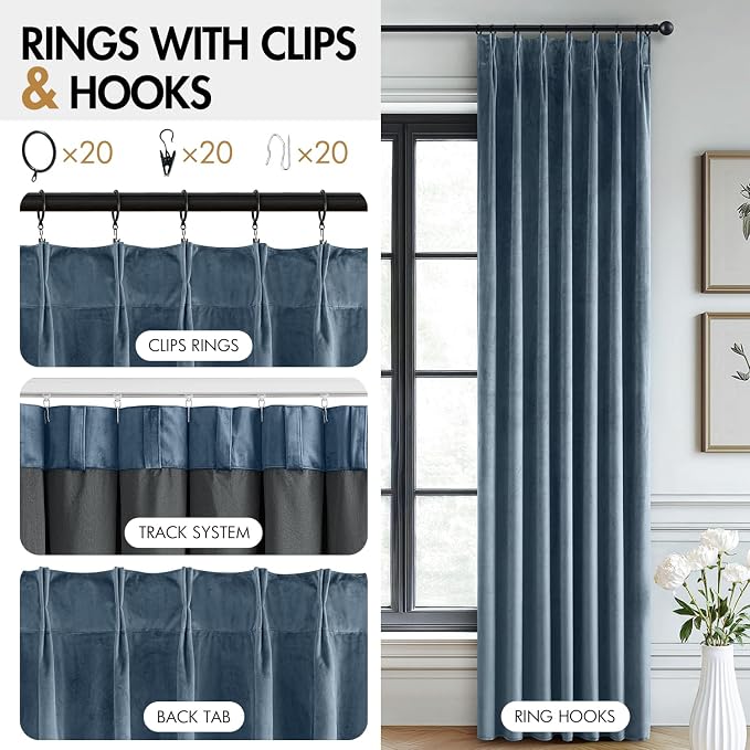 MIULEE Stone Blue Velvet Curtains 84 inches Long, Pinch Pleated Blackout Drapes with Hooks, Thermal Insulated Pinch Pleat Panels for Bedroom Living Room, 2 Panels