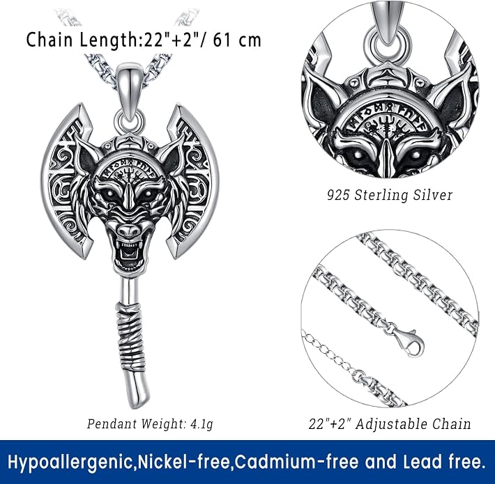 Eusense Viking Necklace for Men Women 925 Sterling Silver Pendant Thors Hammer/Norse Runes/Odin's Ravens/Wolf/Dragon/Snake/Yggdrasil/Freya/Helm of Awe/Valknut/Triskelion/Axe/Shield Viking Jewelry