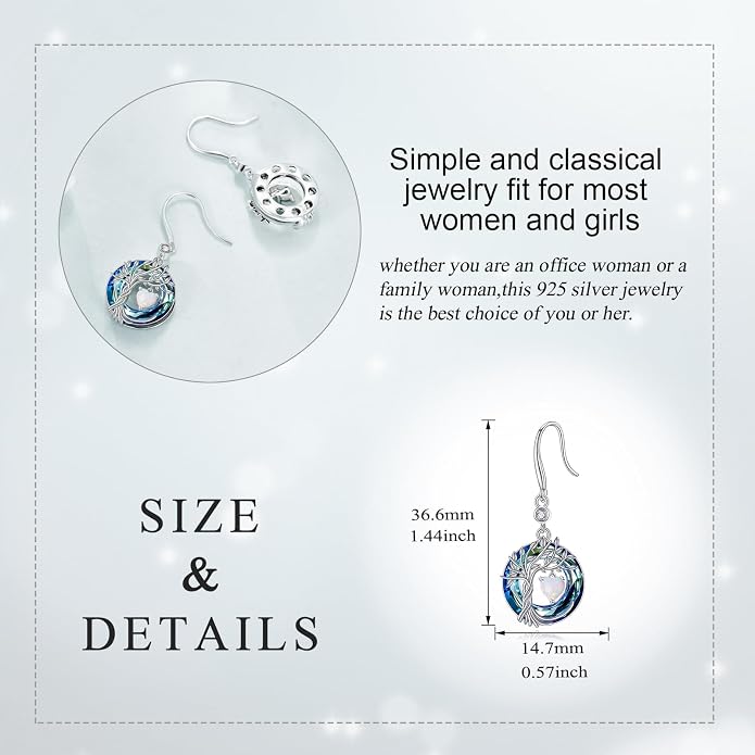 POPLYKE Tree of Life Birthstone Earrings 925 Sterling Silver Dainty Gemstone Birthstone Dangle Drop Earring with Crystal Fine Jewelry Birthday Gifts for Women Her
