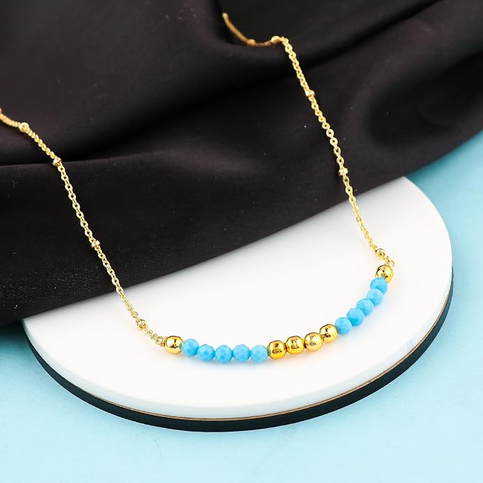 Satellite Chain Necklace 16+2 Inch Gold Plated – Dainty Layering Jewelry with Gemstone Beads – Minimalist Choker Necklace for Women – Delicate Gift for Her