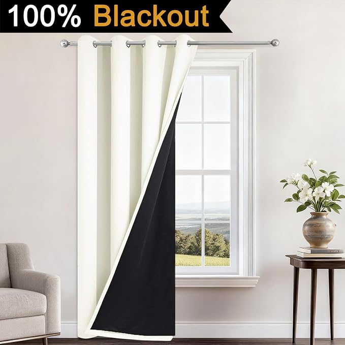 Yakamok Cream Blackout Curtains 84 Inches Long for Bedroom 52" Wide 1 Panel | Blackout Curtain Panels for Bedroom, 2 Thick Layers Grommet Top Thermal Insulated Drapes with Black Liner for Living Room