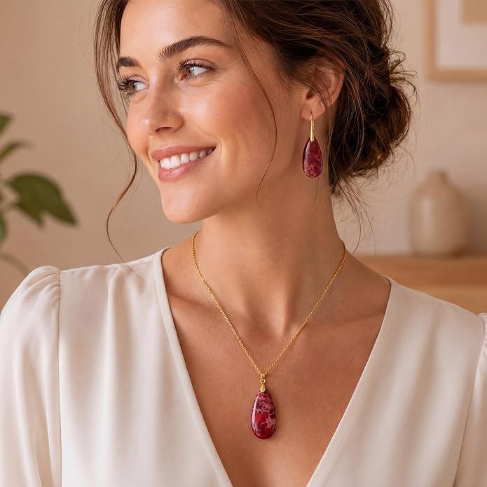 Kingdder Natural Stone Jewelry Set for Women Imperial Healing Stone Necklace Colorful Teardrop Dangle Earings Boho Jewelry