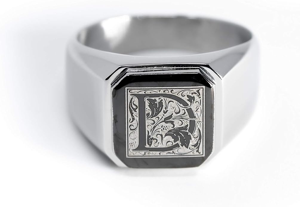 Jewelry | Stainless Steel Letter Alphabet Initial Ring | Square Flat Top Ring for Men & Women | Stainless Steel Jewelry, (Black, Gold, Silver), Size 7-16