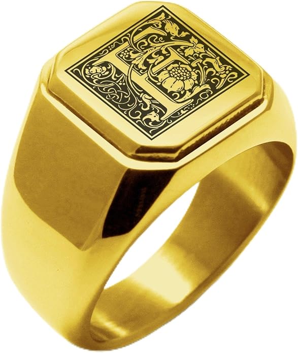 Jewelry | Stainless Steel Letter Alphabet Initial Ring | Square Flat Top Ring for Men & Women | Stainless Steel Jewelry, (Black, Gold, Silver), Size 7-16