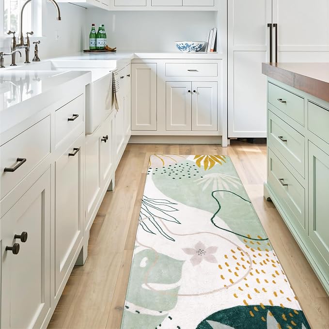 Lahome Green Runner Rugs for Hallway 2x8 Non-Slip Washable Kitchen Rugs Lightweight Low-Pile Throw Laundry Runner Rug, Boho Botanical Print Soft Indoor Carpet Runner for Entryway Bedroom Bathroom