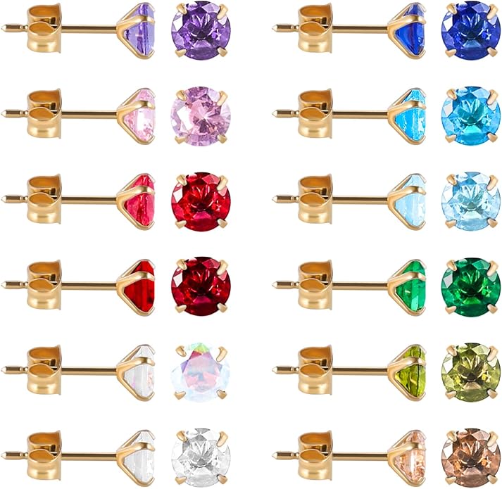 12 Pairs Surgical Stainless Steel Stud Earring Round Heart Star Square Cubic Zirconia Birthstone Stud Earrings Set for Women
