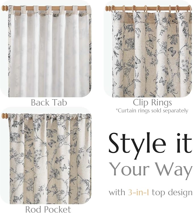jinchan Black Floral Linen Curtains Lined 84 Inch Vintage Back Tab 2 Panels | Privacy lining, light filtering drapes, cottagecore, french country, farmhouse, bedroom, living room, window treatment