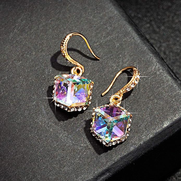 Austrian Crystal Cube Drop Dangle Earrings for Women 14K Gold Plated Hypoallergenic Jewelry