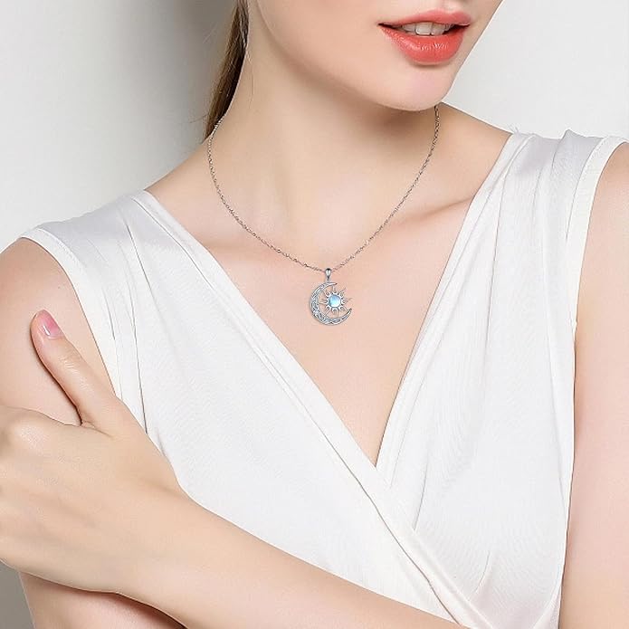 Sun and Moon Necklace for Women 925 Sterling Silver Celtic Crescent Moon Pendant Blue Opal/White Opal/Abelone Shell/Labradorite/Moonstone Jewelry Gift for Teen Girls