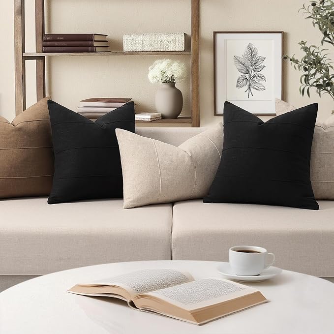 ZWJD Decorative Linen Throw Pillow Covers 22x22 Set of 2 Solid Handcrafted Striped Cushion Covers for Bed Soft Modern Farmhouse Neutral Pillowcase for Couch Bedroom Living Room Home Decor(Black)