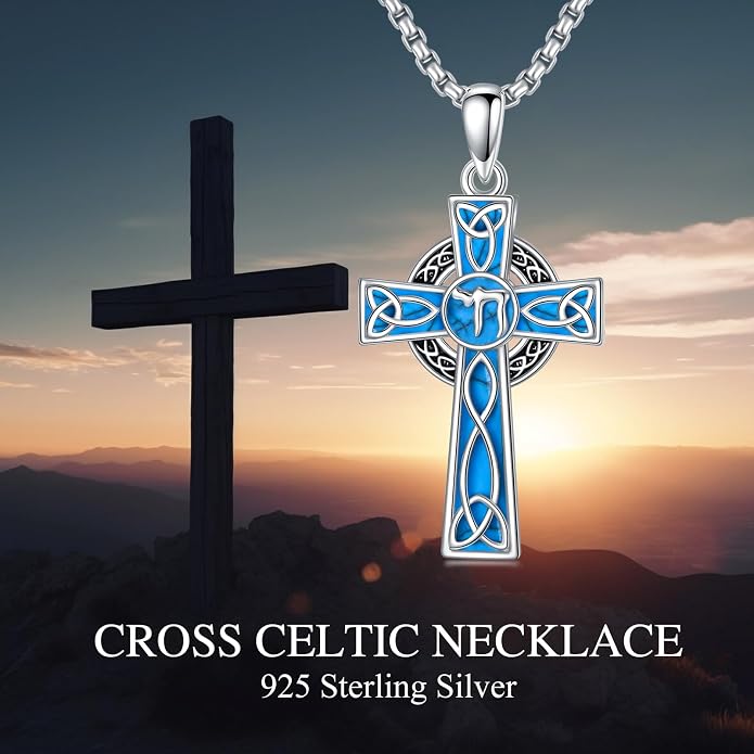 HPQQ Cross Necklace 925 Sterling Silver Turquoise Tree of Life Celtic Knot Cross Pendant Jewelry Mother's Day Gifts for Women