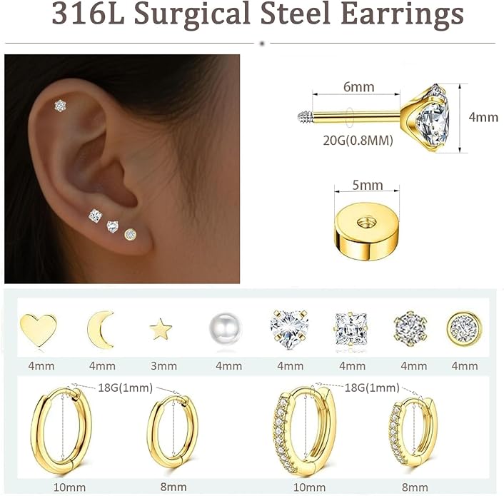 Hypoallergenic 20G 6mm Flat Back Stud Earrings & 18G 8mm/10mm Small Hoop Earrings Set for Women, 12 Pairs Stainless Steel Cartilage Earrings for Multiple Piercings