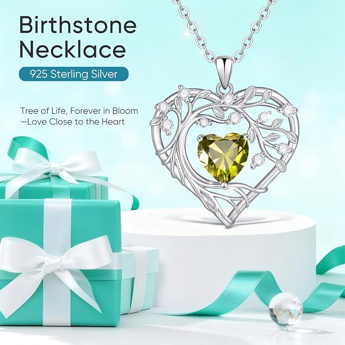 Tree of Life Birthstone Pendant Necklace - 925 Sterling Silver Heart Cubic Zirconia Diamond Women Pendant Necklaces for Her Daughter Girlfriend Birthday Gift Ideas for Wife Mom for Valentines Day
