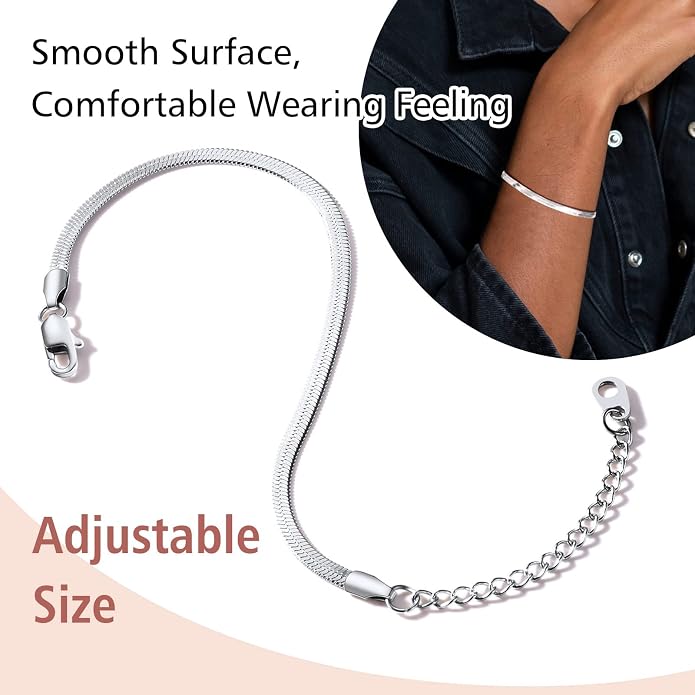 FindChic Elegant Herringbone Snake Chain Anklets/Bracelets 3MM/5MM Width Stainless Steel/18K Gold/Rose Gold Plated/Black 4 Color Options, 8.3'' 8.5'' 10.5'' Length, with Gift Box