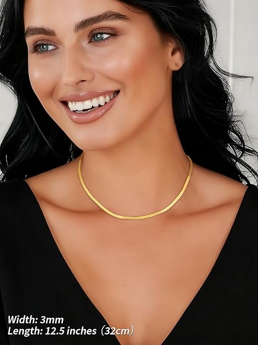 FindChic Black/14K Gold Plated Herringbone Choker Chain Necklace for Women | Waterproof Stainless Steel, Dainty Layering, Flat Snake Chain, Non-Tarnish, Hypoallergenic, Adjustable Extender, Gift Box
