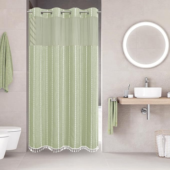 eachope No Hook Stall Shower Curtain with Snap-in Fabric Liner - 54x80 Heavy-Duty Linen Textured Striped Design,Narrow Rustic Modern Farmhouse Bohemian Bathroom Curtain,Water-Repellent,Sage Green