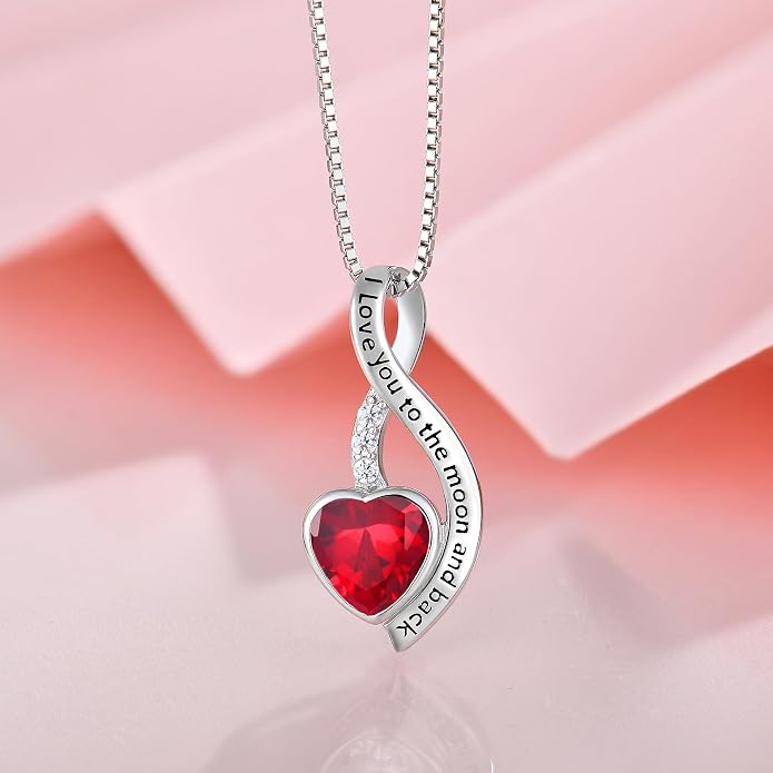 I Love You to The Moon and Back Necklace for Women, 925 Sterling Silver Heart Birthstone Pendant Necklace Jewelry Anniversary Birthday Gifts for Girls Women Wife Mom Daughter