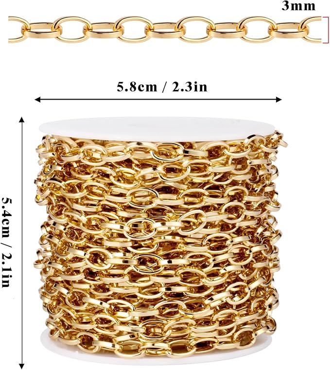 33FT Gold Paperclip Chain Jewelry 3MM 18K Gold PVD Plated Stainless Steel Paperclip Link Chain Roll Bulk for Jewelry Making