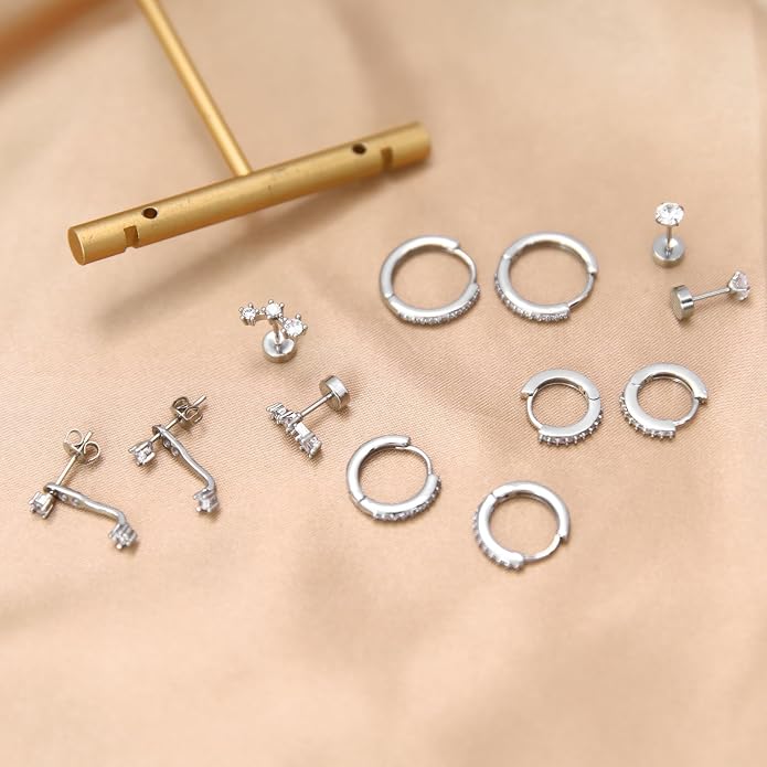 Stainless Steel Stud Earrings Set for Women Hypoallergenic Flat Back Cartilage Earrings Screw Back Huggie Hoop Earrings Multiple Piercing Cubic Zirconia Helix Tragus Jewelry